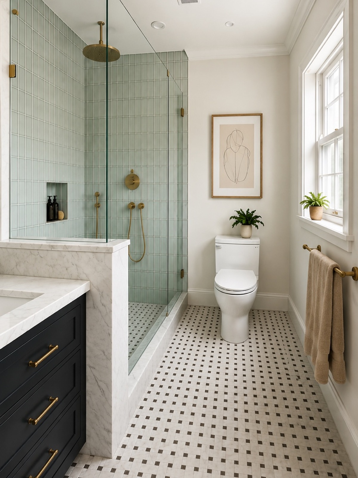 Custom dark bathroom vanity with marble countertop, brass hardware and large mirror in a West Point Grey bathroom renovation
