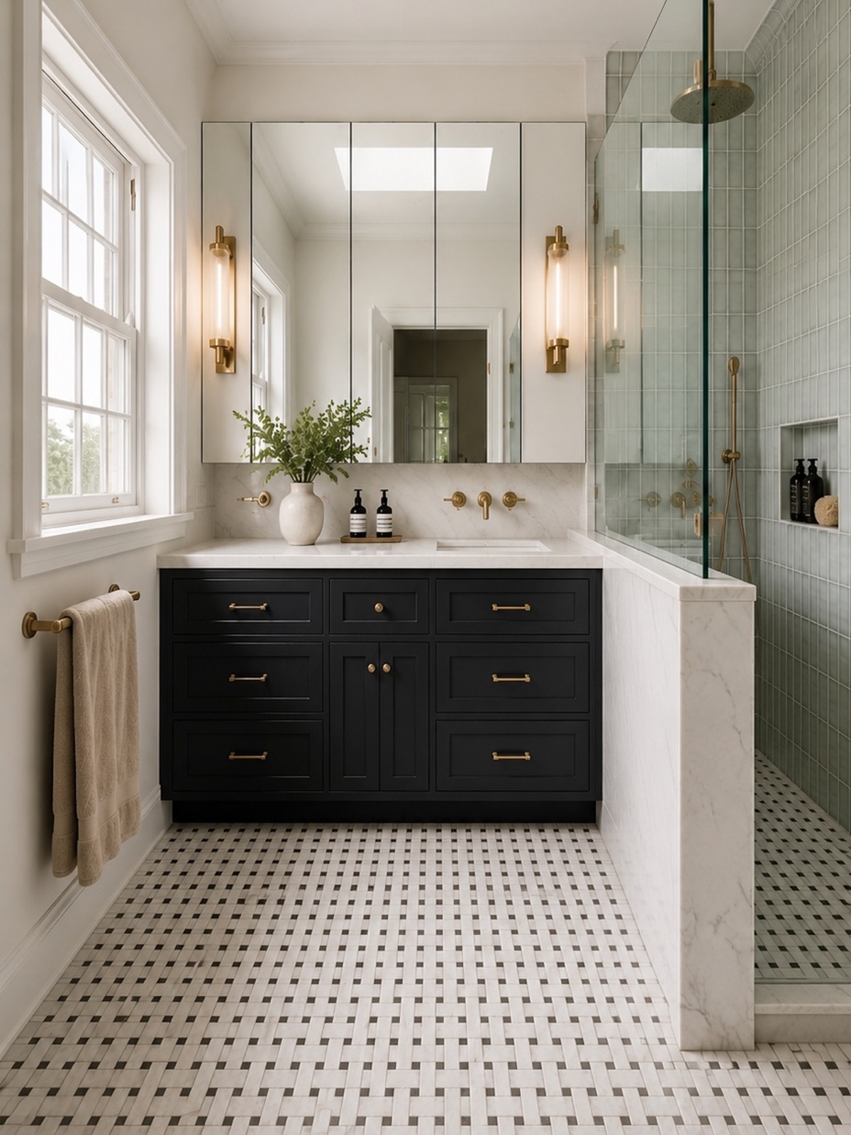 Sage green tiled walk-in shower with brass rain shower fixtures and frameless glass in a West Point Grey bathroom renovation