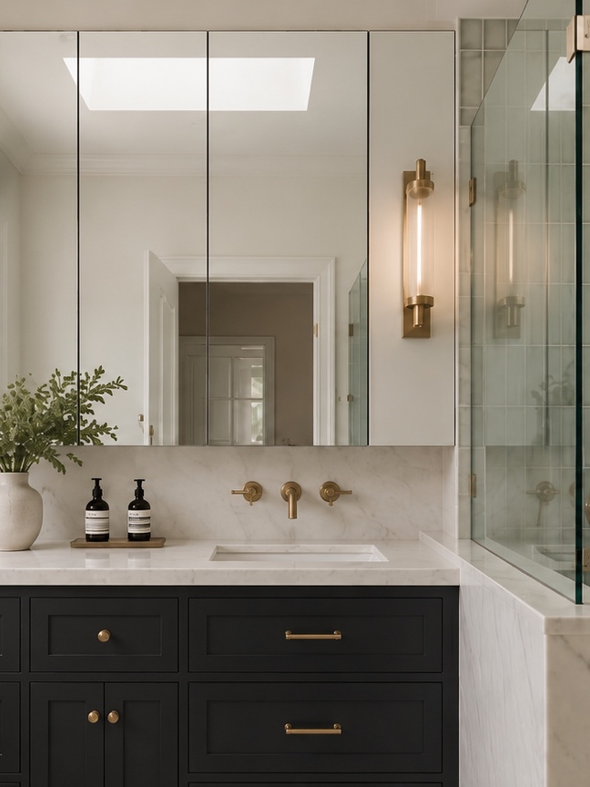 Patterned mosaic bathroom floor, marble shower curb and custom dark vanity in a completed West Point Grey bathroom renovation