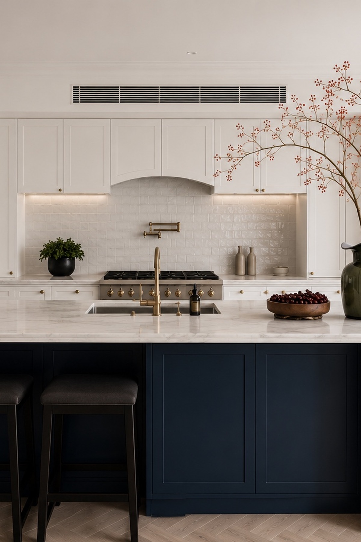 Completed Chartwell kitchen renovation showing the curved navy island, custom white cabinetry, integrated refrigerator and brass details