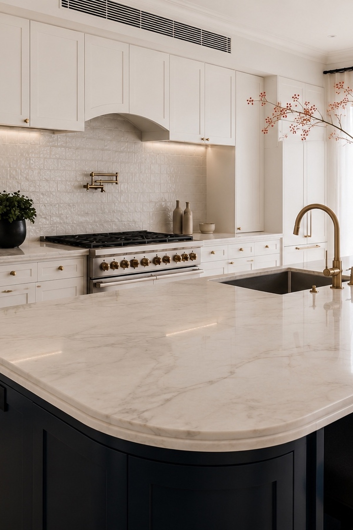 Custom white kitchen cabinetry, cooking area, tiled backsplash and brass pot filler in a Chartwell West Vancouver renovation