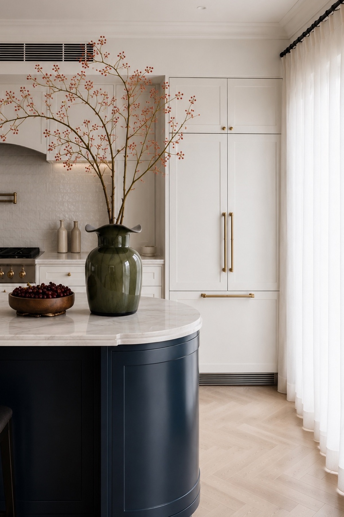Stone kitchen countertop, brass faucet, navy cabinetry and integrated sink in a completed Chartwell kitchen renovation