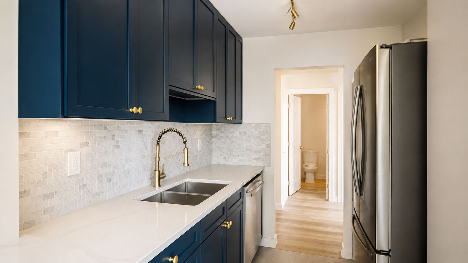 Completed West End Vancouver condo renovation with custom blue cabinetry