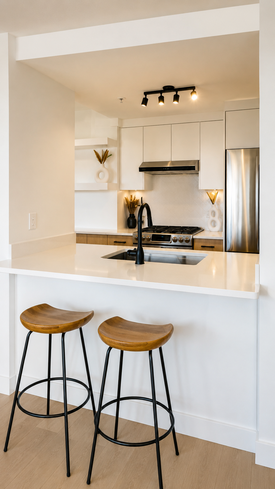 Custom kitchen and peninsula in completed Yaletown Vancouver condo renovation
