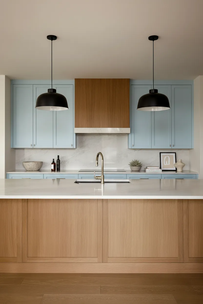 Custom light blue and wood kitchen renovations White Rock featuring marble countertops and black pendant lights.