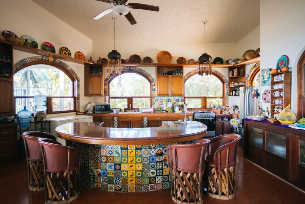 Kitchen with large island and colourful tile details