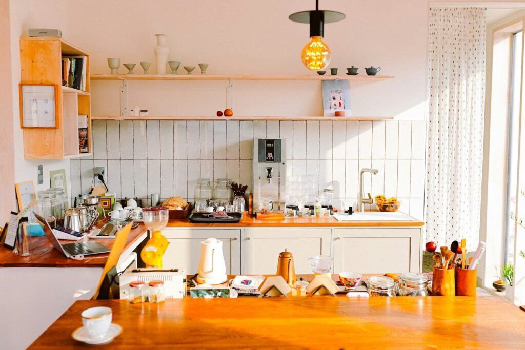 Lived-in boho kitchen by a window