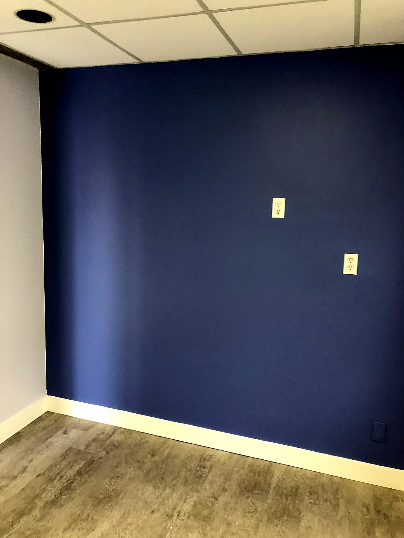 Navy accent wall and new vinyl plank flooring installed in a treatment room