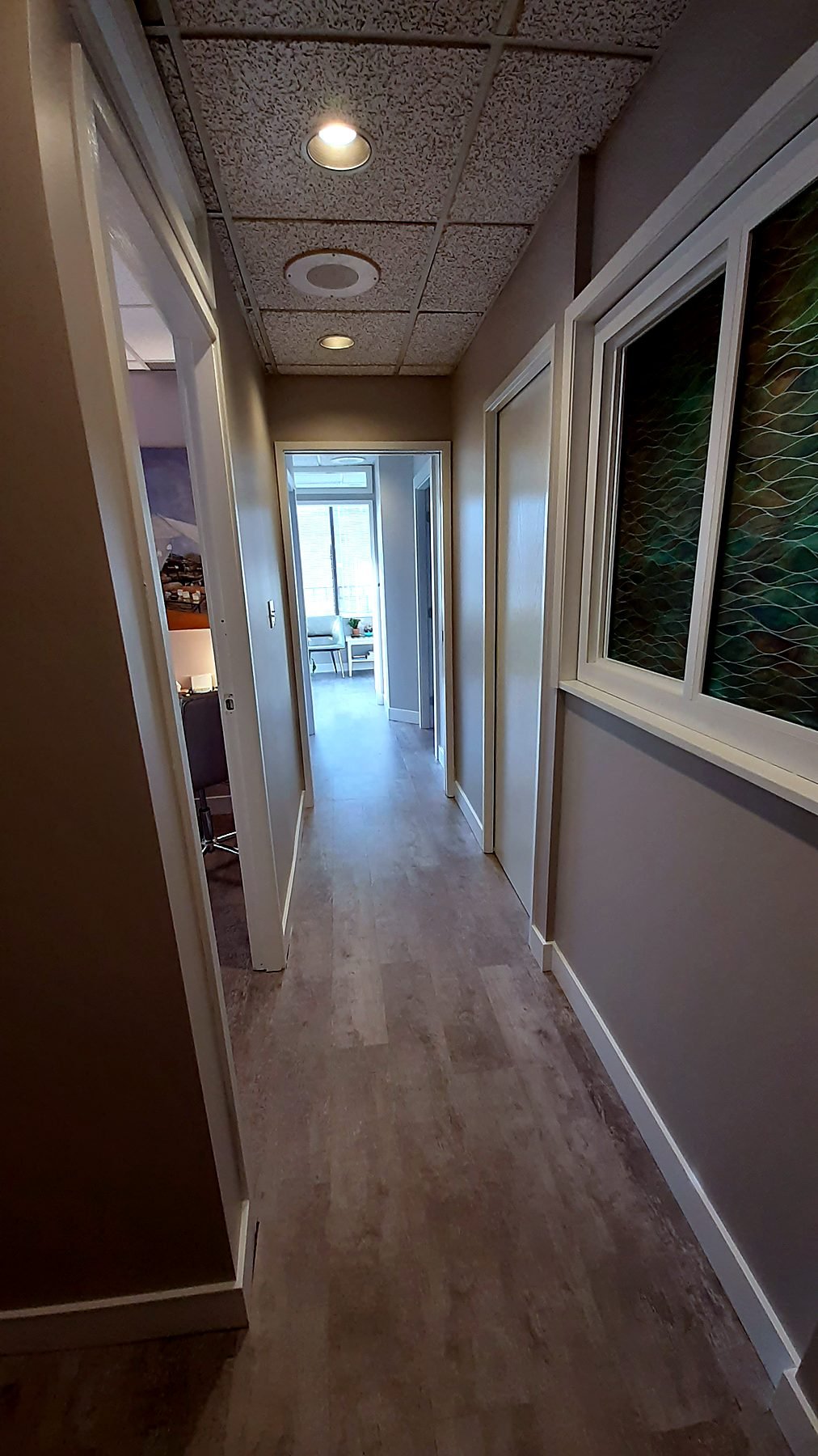 Office hallway with new vinyl plank flooring, baseboards and painted walls