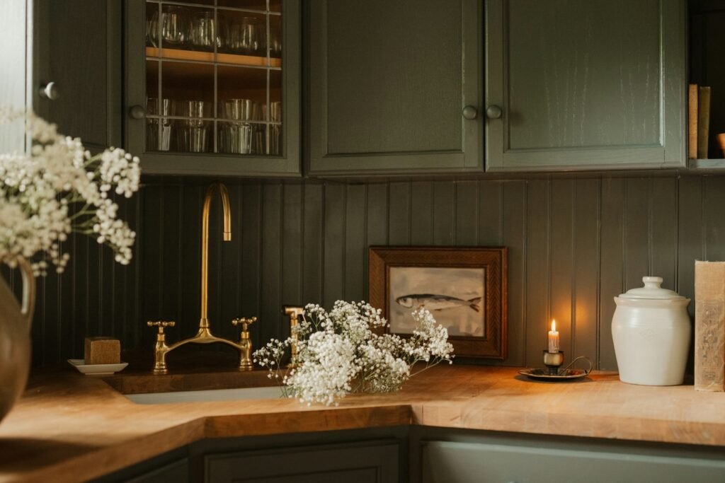 Traditional kitchen with dark painted walls