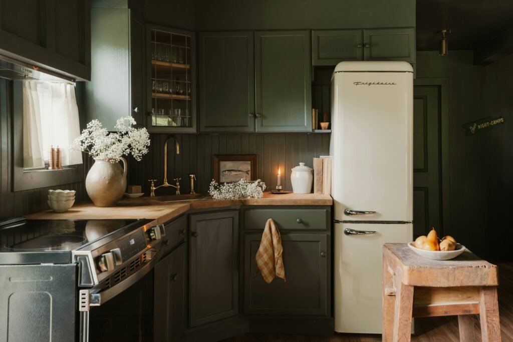 Characterful kitchen with dark walls