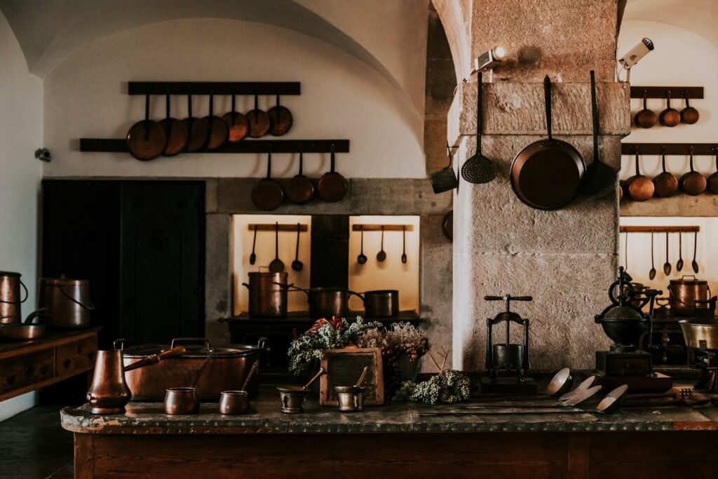 Rustic kitchen with pans and natural materials