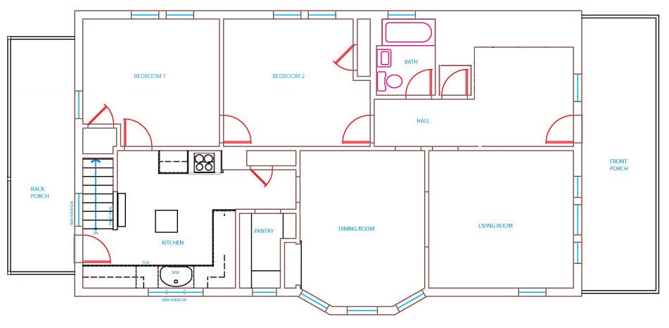 Floor plan drawing of a house layout used to plan an addition