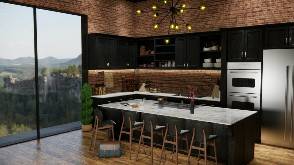 Industrial kitchen with island table