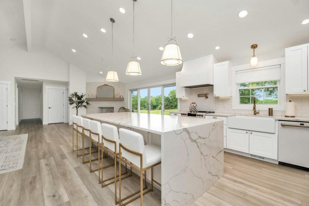 Large kitchen with a marble island