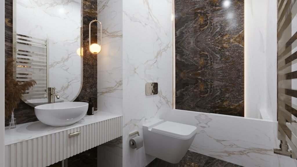 Modern bathroom with sculptural sink and vanity