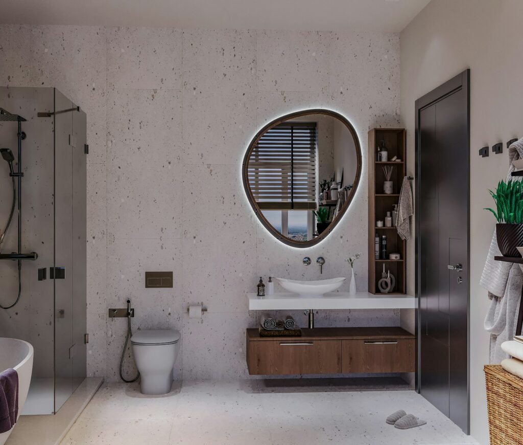 Scandinavian-inspired modern bathroom with storage