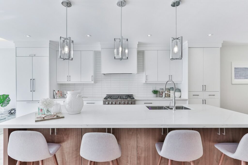 Modern white and wood kitchen cabinetry