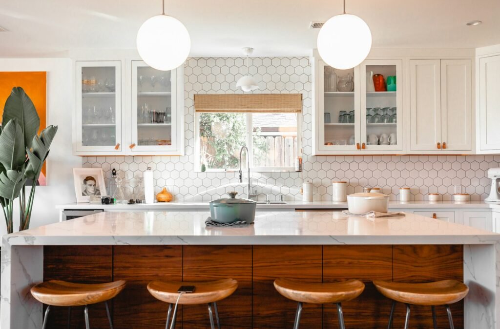 Modern kitchen island with bar stools
