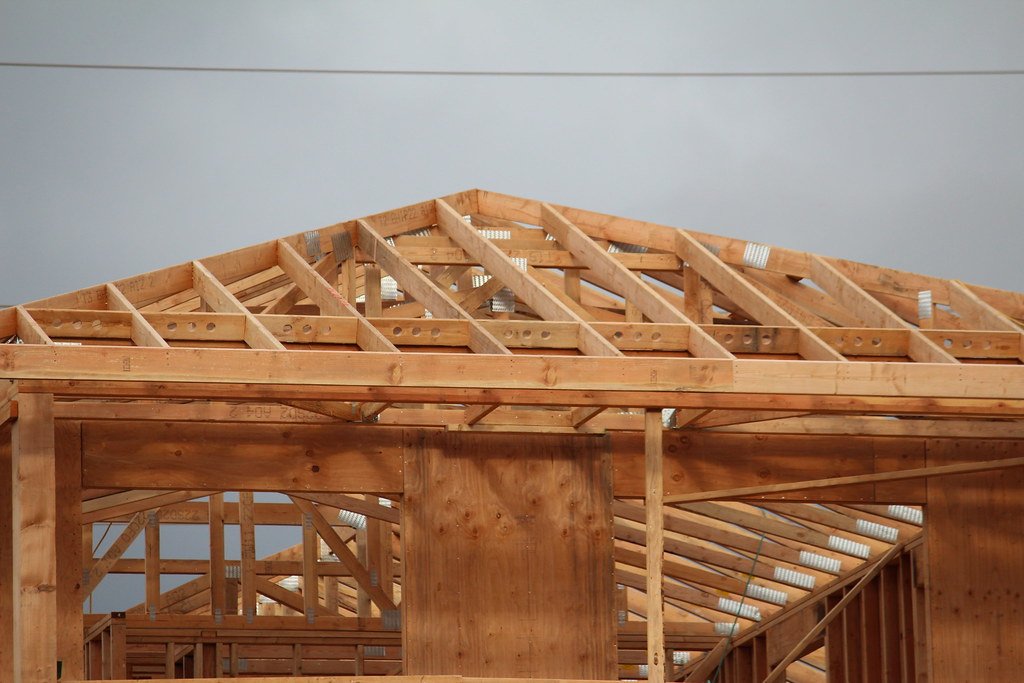 Roof framing on a new wood-frame house under construction